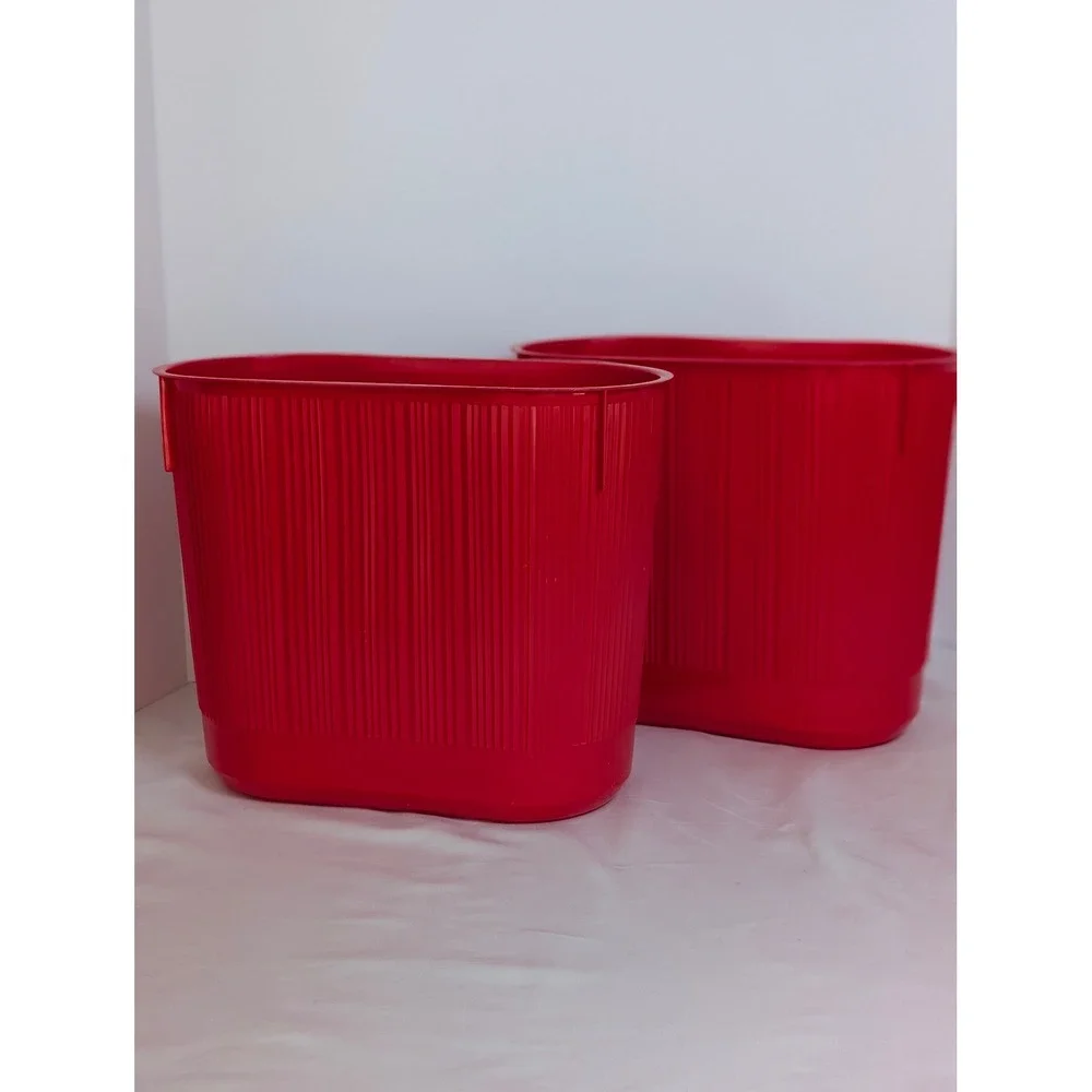 Vintage Rubbermaid Wastebasket Lot of 2 Bright Red Ribbed Plastic Trash Can 2954